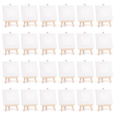 Tosnail 24 Pack 4" x 4" Mini Canvas and Easel Set, Small Art Easel Stand with Canvas Set, Tabletop Wooden Display Stand and Canvas Panels for Artist, Students, Adults, Kids Painting