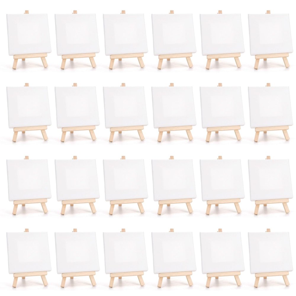 Tosnail 24 Pack 4" x 4" Mini Canvas and Easel Set, Small Art Easel Stand with Canvas Set, Tabletop Wooden Display Stand and Canvas Panels for Artist, Students, Adults, Kids Painting