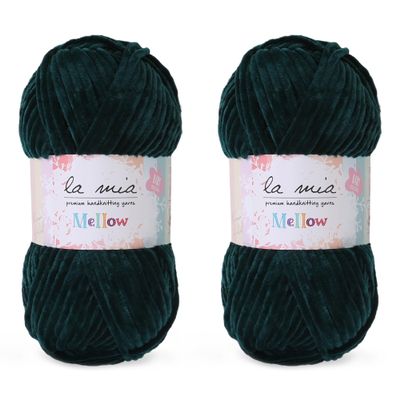 2 Skein La Mia Mellow Velvet Chenille Yarn for Knitting and Crocheting Baby Clothes, Blankets and Accessories, 100% Polyester, 100 gr (3.5 oz) / 115 m (125 Yards), Super Bulky, Dark Green - 946