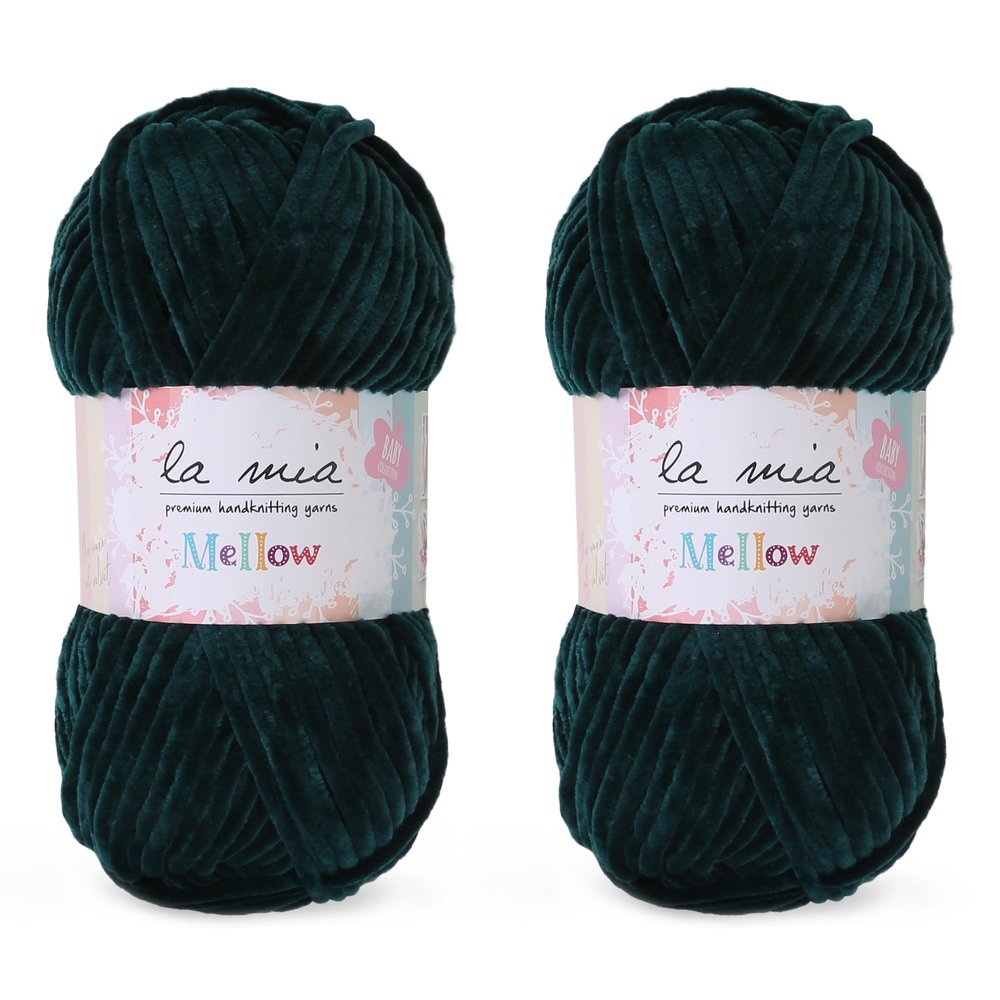2 Skein La Mia Mellow Velvet Chenille Yarn for Knitting and Crocheting Baby Clothes, Blankets and Accessories, 100% Polyester, 100 gr (3.5 oz) / 115 m (125 Yards), Super Bulky, Dark Green - 946