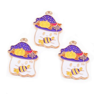 Crafans 10Pcs Halloween Pendants Alloy Enamel Ghost with Candy Charms 25.2x17.8mm Light Gold Plated Cartoon Halloween Ghost with Hat Pendants for Jewelry Making