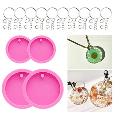64Pcs Round Silicone Keychains Molds Set- 4Pcs Round Silicone Molds Circle Resin Molds, Epoxy Resin Casting Molds, with Keychains & Jump Ring for DIY Keychain Pendant, Necklace Jewelry Making Craft