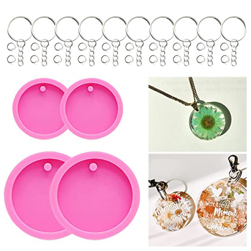 64Pcs Round Silicone Keychains Molds Set- 4Pcs Round Silicone Molds Circle Resin Molds, Epoxy Resin Casting Molds, with Keychains & Jump Ring for DIY Keychain Pendant, Necklace Jewelry Making Craft