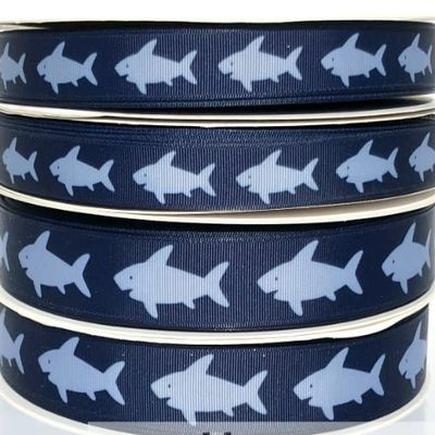 3 yds 3/8" or 5/8" or 7/8" Gray Sharks on Navy Blue Grosgrain Ribbon (7/8")