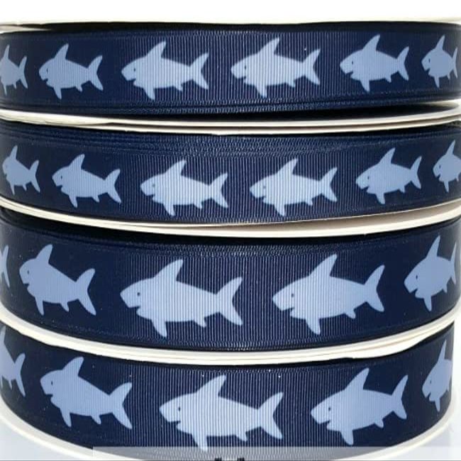 3 yds 3/8" or 5/8" or 7/8" Gray Sharks on Navy Blue Grosgrain Ribbon (7/8")