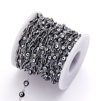 2 Meters Evil Eye Color Beaded Chain Stainless Steel Jewelry Wild Chain Accessories DIY Bracelet Necklace Crafts Jewelry Making (Color : Black-Silver Chain, Size : 2 Meters)