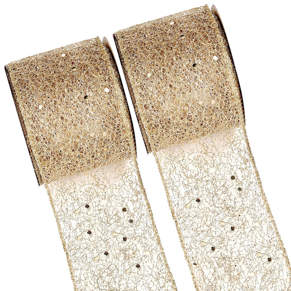 MTLEE 2 Rolls 20 Yards Christmas Ribbon Wired Metallic Ribbons Champagne Glitter Lace Ribbon for Xmas Crafts Floral Bow Making DIY Gift Wrapping Wedding Party Decor(2.5 Inch)