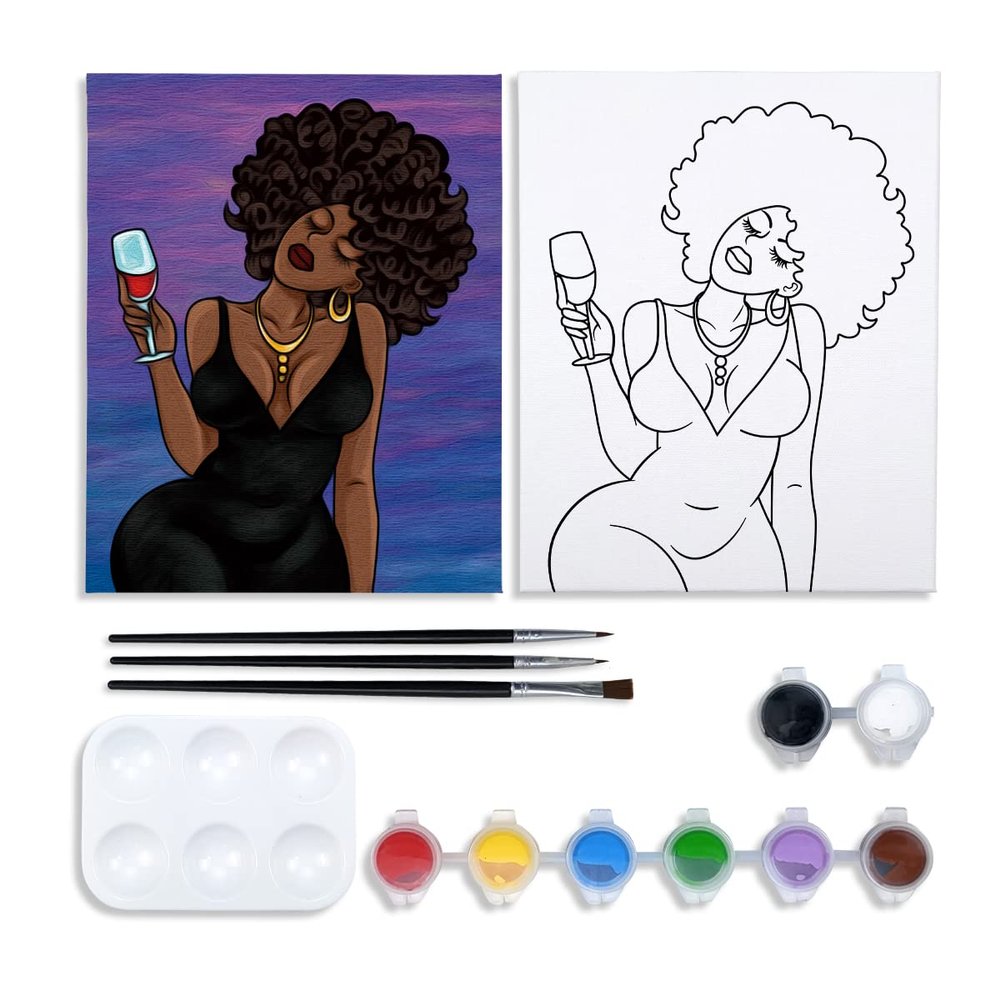 VOCHIC Painting Kit Pre Drawn Canvas for Painting for Adults Party Kits Paint and Sip Party Supplies 8x10 Canvas 8 Acrylic Colors,3 Brush,1 Pallet Chic Girl Art Set