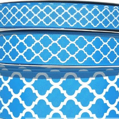 3yds Carolina Blue Copen White Quatrefoil 5/8" or 7/8" or 1.5" Grosgrain Ribbon (5/8")