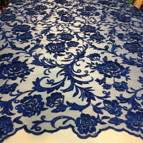 52" Floral Hand Lace Scalloped Fabric | Sold by The Yard (Royal Blue)