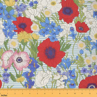 Poppy Floral Fabric By The Yard, Garden Flower Branches Upholstery Fabric, Botanical Leaf DIY Decorative Fabric, Retro Strip Lines Outdoor Fabric By The Yard for Women Quilting, Colorful, 3 Yards