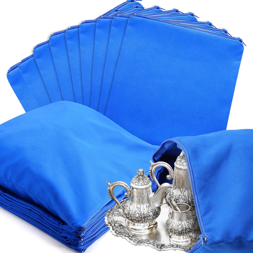 Sanwuta 8 Pcs Zippered Silver Storage Bags Anti Tarnish Silver Pouches Keeper Jewelry Storage Protector Bags(18 x 18 Inch,Navy Blue)