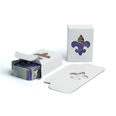 Fleur-de-Lis Window Soap Boxes White Recyclable Packaging for Handmade Soap, Elegant Cajun Bulk Packaging, Weddings, Parties, Craft Fairs Made in USA 2 3/4" x 3 13/16" x 1 4/16" - 250 Pack