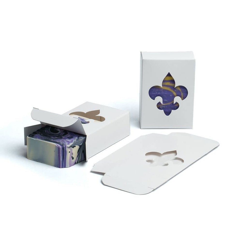 Fleur-de-Lis Window Soap Boxes White Recyclable Packaging for Handmade Soap, Elegant Cajun Bulk Packaging, Weddings, Parties, Craft Fairs Made in USA 2 3/4" x 3 13/16" x 1 4/16" - 250 Pack