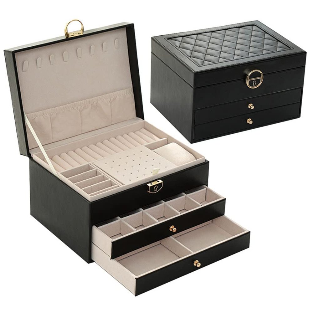 YQBUER Jewelry Box with Watch Pillow 3-Layer Large Capacity Jewelry Casket Jewelry Organizer Earring Holder Jewelry Storage Gifts (Color : Black)