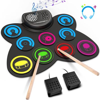 Electric Drum Set, 9 Drum Practice Pad, Roll-up Electronic Drum Pad with Headphone Jack Built-in Speaker Drum Sticks Foot Pedals, Gift for Kids