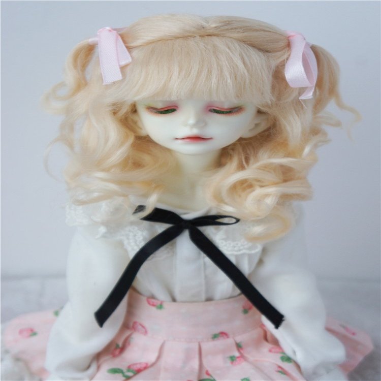 BJD Wig JD187 7-8inch 18-20cm Long Curly Princess Mohair Wig with Mini Twins ponytails 1/4 MSD Doll Accessories (Blond)