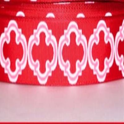 kasyakona - 3 yds 7/8" Red Hot Pink White Bristol Tile Quatrefoil Grosgrain Ribbon