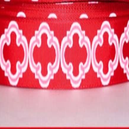 kasyakona - 3 yds 7/8" Red Hot Pink White Bristol Tile Quatrefoil Grosgrain Ribbon