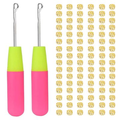 2PCS Crochet Hooks for Hair with 100 Pcs Gold Color Metal Decoration,Crochet Needles for Crocheting Braids Hair Extension Latch Hook Tool