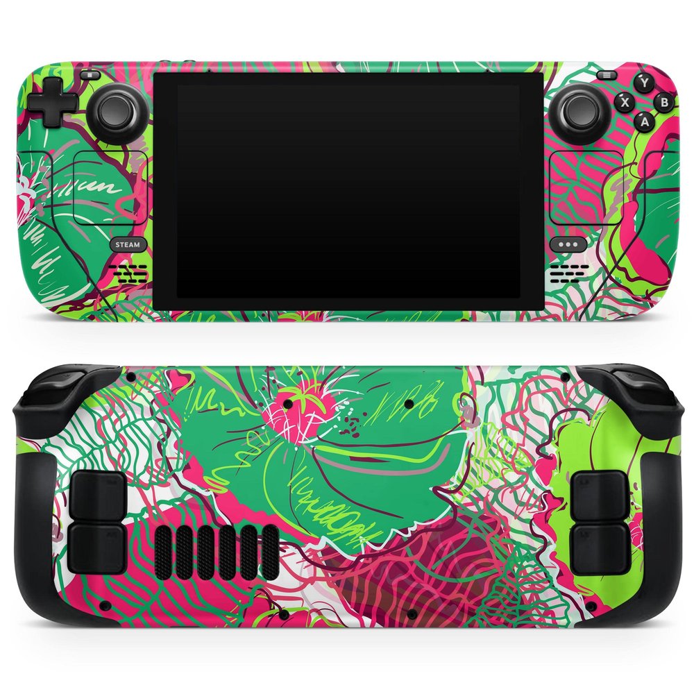 Design Skinz - Compatible with Steam Deck - Skin Decal Protective Scratch-Resistant Removable Vinyl Wrap Cover - Bright Pink and Green Flowers