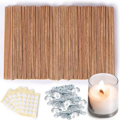 Ziosxin 300 Thicken Smokeless Wooden Candle Wicks - Long Lasting Flame - Easily Burn, 1.2mm Thickness 5.1" X 0.5" Candle Cores with Iron Stand and Glue Dot for DIY Candle Making Craft