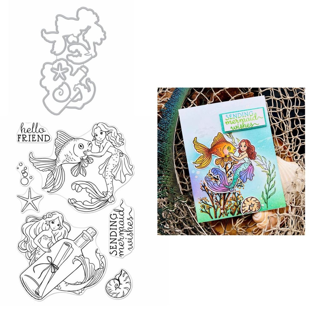 Briartw Mermaid Hello Friend Sending Wishes Sea Star Metal Cutting Die and Clear Stamp Set for Scrapbooking Embossing Craft Stencil Card-Making DIY Gift Card Album