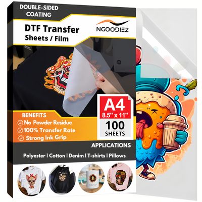 NGOODIEZ DTF Transfer Film Sheets A4 8.5" x 11" 100 Sheets - Premium DTF Paper for DTF Printer - Double-Sided Glossy, 5-Layer Coating for T-Shirt Heat Transfer - DTF Transfer Sheets