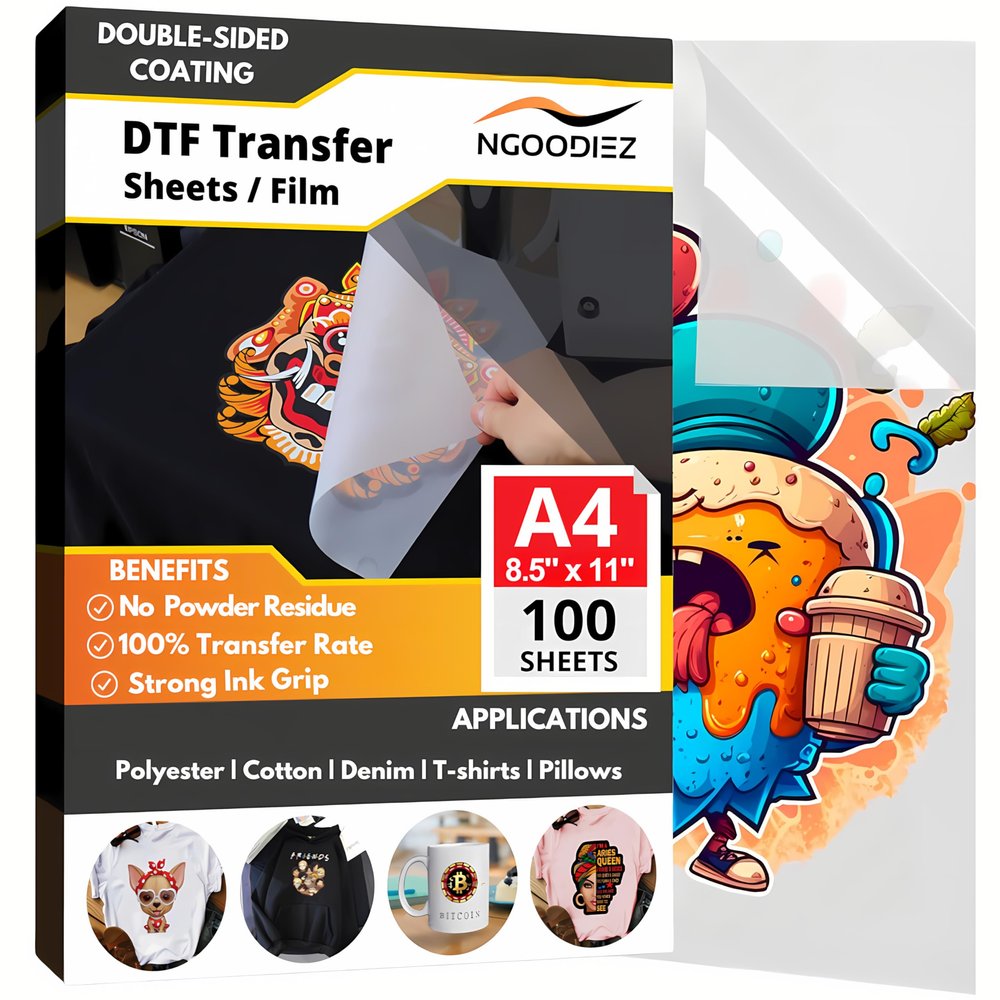 NGOODIEZ DTF Transfer Film Sheets A4 8.5" x 11" 100 Sheets - Premium DTF Paper for DTF Printer - Double-Sided Glossy, 5-Layer Coating for T-Shirt Heat Transfer - DTF Transfer Sheets