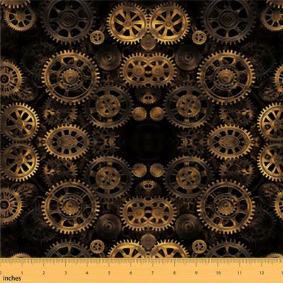 Golden Ndustrial Gear Fabric by The Yard, Steampunk Style Upholstery Fabric for Chairs, Sofa, Clocks Theme Quilt, Mechanical Device Indoor, Craft Patchwork DIY Gift Idea, 10 Yards, Black