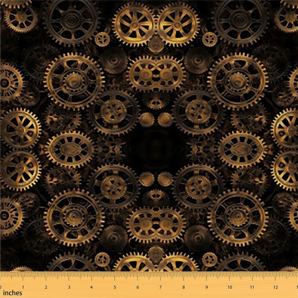 Golden Ndustrial Gear Fabric by The Yard, Steampunk Style Upholstery Fabric for Chairs, Sofa, Clocks Theme Quilt, Mechanical Device Indoor, Craft Patchwork DIY Gift Idea, 10 Yards, Black