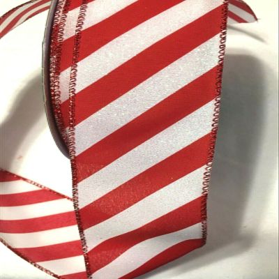 5 yds. White & RED Glitter Candy Cane Stripes Wire Edge Ribbon 2 1/2" Wide