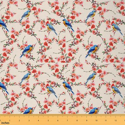 Feelyou Birds Fabric by The Yard, Farmhouse Cute Birds Floral Upholstery Fabric for Chairs, Nature Flowers Tree Branches Decorative Waterproof Outdoor Fabric, 1 Yard, Red Blue