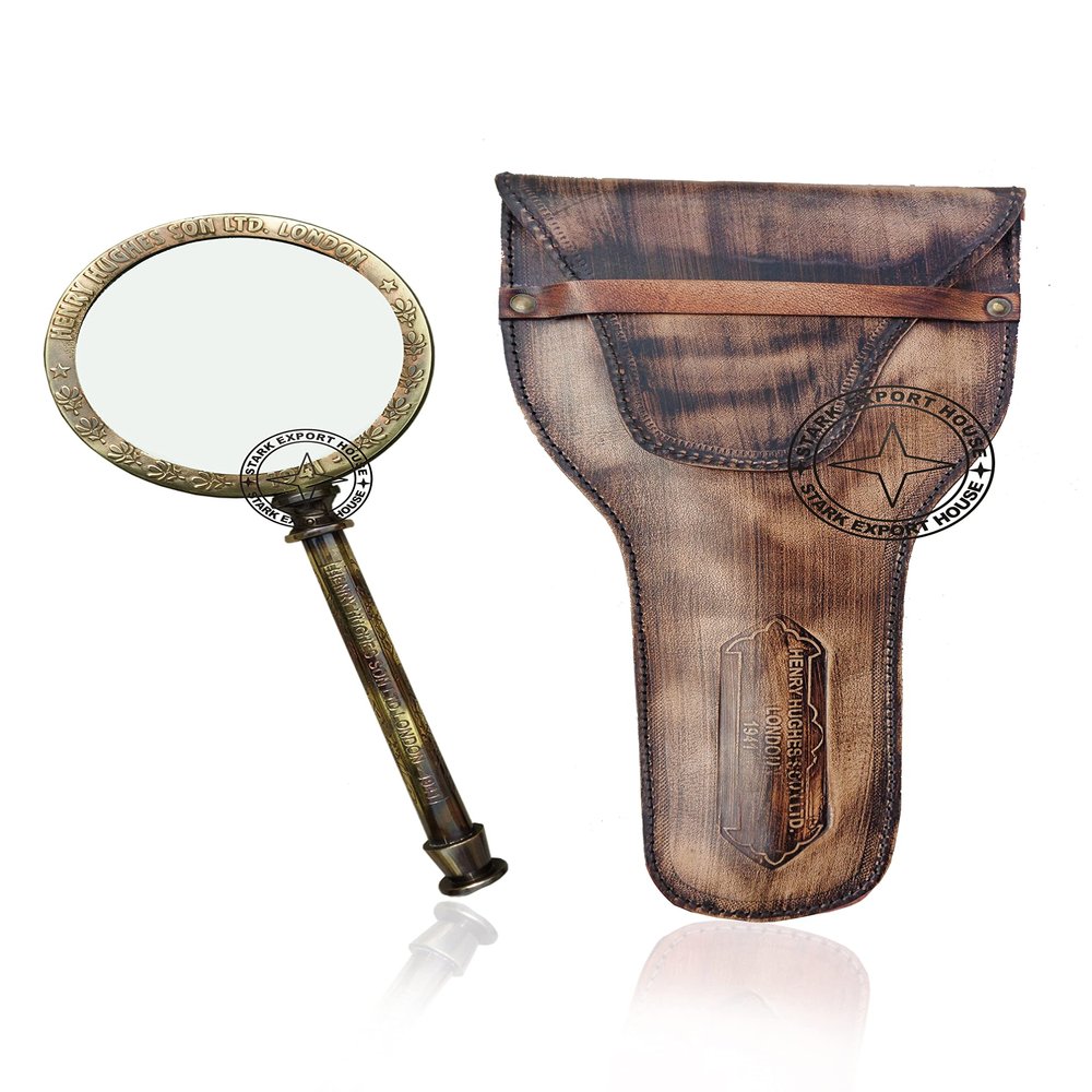 Antique Brass Magnifier Magnifying Glass Lens for Reading Soldering jewelries maps Great for Gifting 4 inch with Leather Case