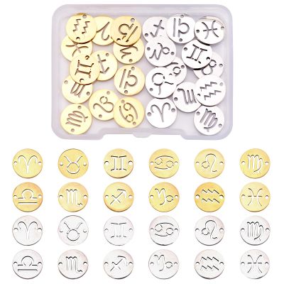Cheriswelry 24Pcs Titanium Steel Twelve Constellation Links Connectors Golden Stainless Steel Flat Round with Zodiac Sign Link Charms 12mm for DIY Necklace Bracelet Earring