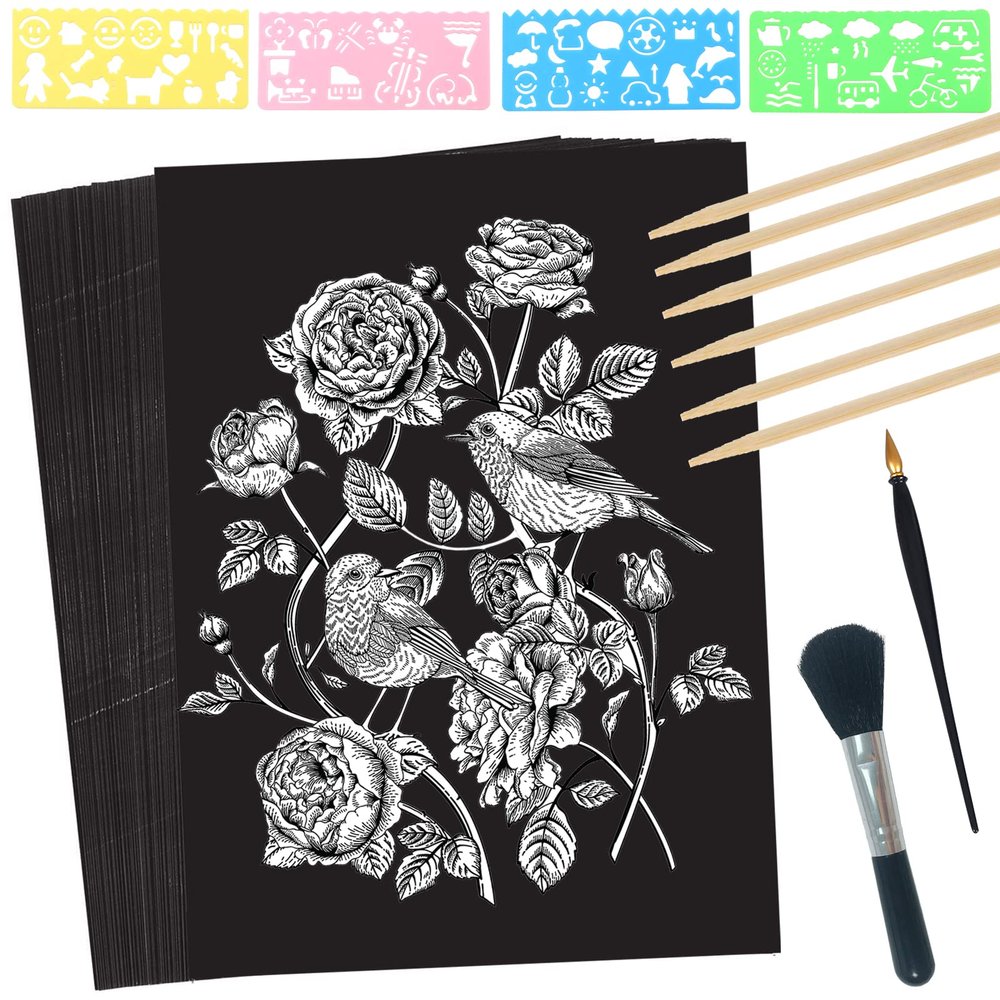 ZOCONE Scratch Paper Art Set, 50 Sheets 8x11in Black Coated Scratchboard Large Scratch Paper with Wooden Styluses and Stencils, DIY Scratch Painting Art Paper for Kids Adults Birthday Christmas Gift