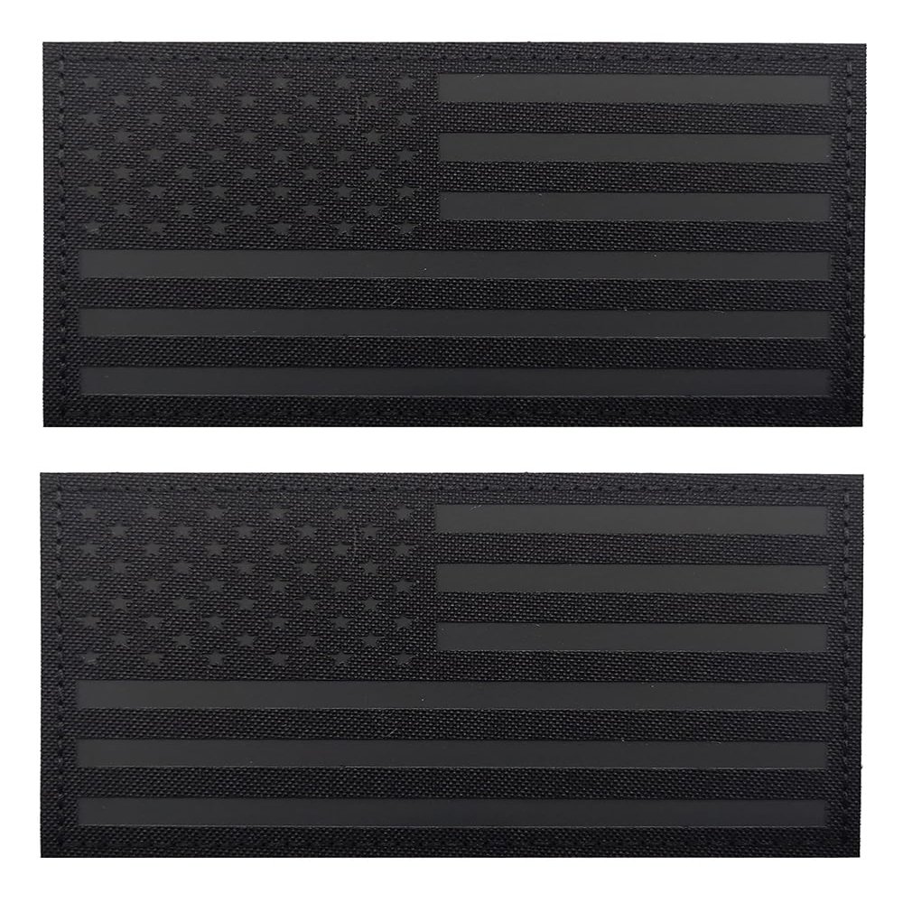 2 PCS AliPlus 5x3 inch American Flag Patches IR Infrared Reflective Patches Laser Cut Patch Hook and Loop(American Black Flag Patch)