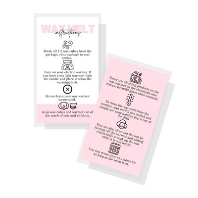 Wax Melt Care Instruction Cards | 50 Pack | 2x3.5 Business Card Wax Melt Supplies Homemade Customer thank you for Warmer Minimalist White and Pink How To Care for wax cube clamshell wickless candle