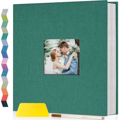 Popotop Photo Album Self Adhesive with Picture Display Window,60 Pages DIY Scrapbooking Supplies Kit for 4x6 8x10 Picture,Linen Cover Memory Book for Baby Wedding, with Scraper and Metallic Pen