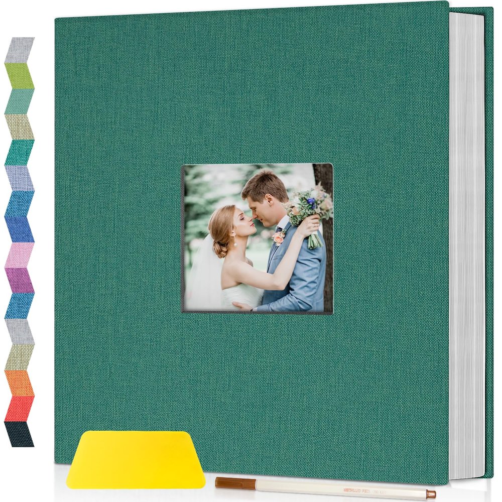 Popotop Photo Album Self Adhesive with Picture Display Window,60 Pages DIY Scrapbooking Supplies Kit for 4x6 8x10 Picture,Linen Cover Memory Book for Baby Wedding, with Scraper and Metallic Pen