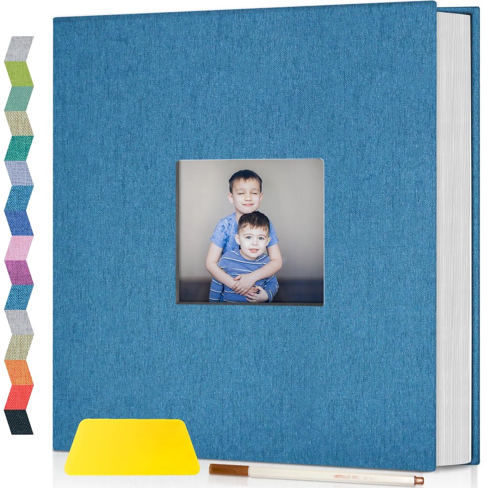 Popotop Photo Album Self Adhesive with Picture Display Window,60 Pages DIY Scrapbooking Supplies Kit for 4x6 10x12 Picture,Linen Cover Memory Book for Baby Wedding, with Scraper and Metallic Pen