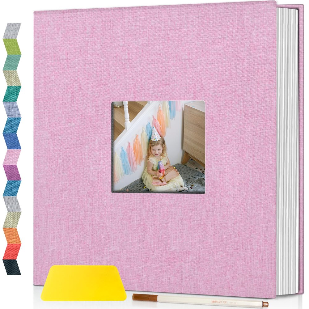 Popotop Photo Album Self Adhesive with Picture Display Window,60 Pages DIY Scrapbooking Supplies Kit for 4x6 8x10 Picture,Linen Cover Memory Book for Baby Wedding, with Scraper and Metallic Pen