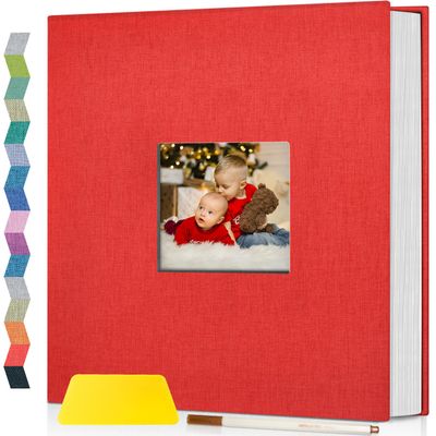 Popotop Photo Album Self Adhesive with Picture Display Window,60 Pages DIY Scrapbooking Supplies Kit for 4x6 8x10 Picture,Linen Cover Memory Book for Baby Wedding, with Scraper and Metallic Pen
