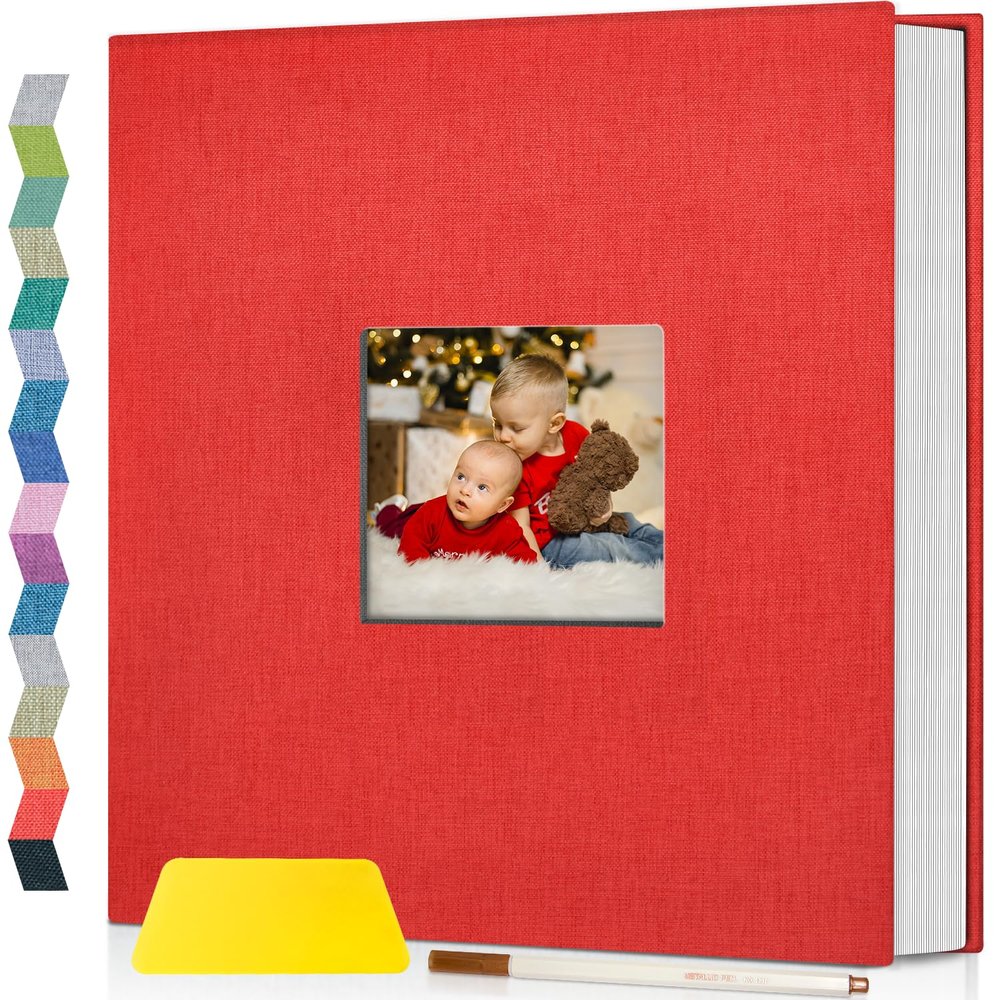 Popotop Photo Album Self Adhesive with Picture Display Window,60 Pages DIY Scrapbooking Supplies Kit for 4x6 8x10 Picture,Linen Cover Memory Book for Baby Wedding, with Scraper and Metallic Pen
