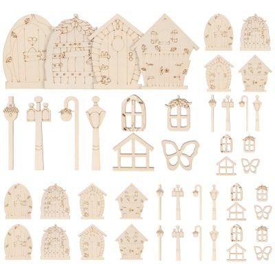 Craft Supplies & Materials 48pcs Fairy Door and Window Cutouts Unpainted Fairy Mini Door Wooden Pieces Miniature DIY Craft Embellishments for Party Decoration Craft Supplies