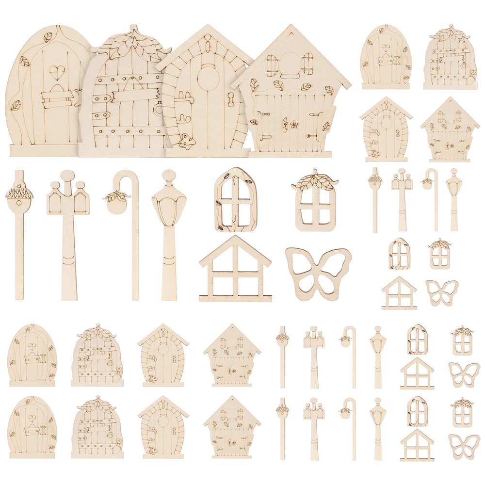 Craft Supplies & Materials 48pcs Fairy Door and Window Cutouts Unpainted Fairy Mini Door Wooden Pieces Miniature DIY Craft Embellishments for Party Decoration Craft Supplies
