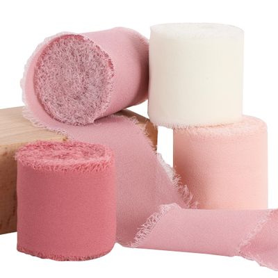 TONIFUL 4 Rolls Silk Chiffon Ribbon, 1-1/2 Inch x 22yds Dusty Pink and Cream Chiffon Ribbons Set, Handmade Fringe Valentine Ribbon for Gift Wrapping Bridal Bouquets Wedding Valentine Day Decoration