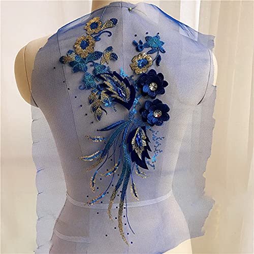 HXSCOO 3D Flowers Beaded Lace Fabrics Applique Floral Embroidery Sewing On Patches for Wedding Dress Clothing Costume Patches (Color : Blue)