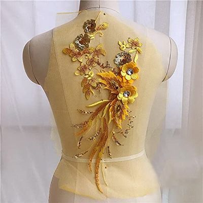 HXSCOO 3D Flowers Beaded Lace Fabrics Applique Floral Embroidery Sewing On Patches for Wedding Dress Clothing Costume Patches (Color : Gold)