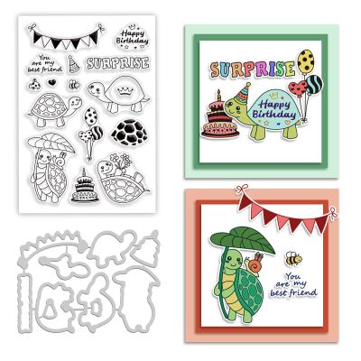 BENECREAT 2Pcs Birthday Turtles Cutting Dies and Stamp Sets, Turtles Balloons Birthday Cakes Metal Cutting Stencils Clear Stamp for Card Making DIY Scrapbooking